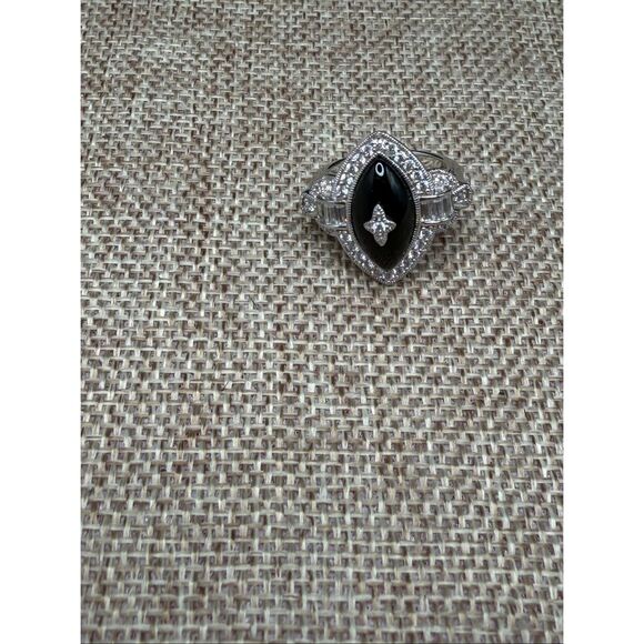 Black Onyx-Style Marquise CZ Halo Ring Sterling Silver Plated Size 6 - Picture 2 of 11